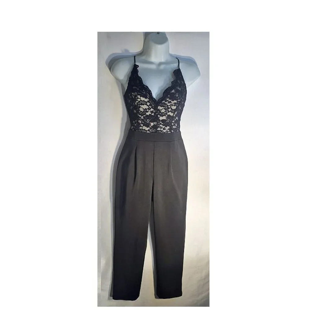 EXPRESS sleeveless Pantsuit, Black with lace and dress pant bottom, size XS tall - Picture 10 of 16